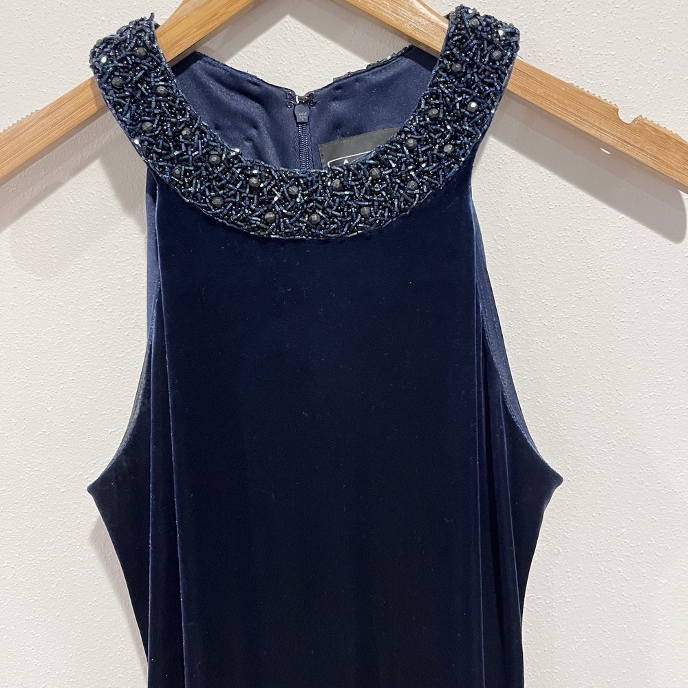 Vintage Alex Evenings Dress Velvet Maxi Medium Halter Beaded Sleeveless Formal